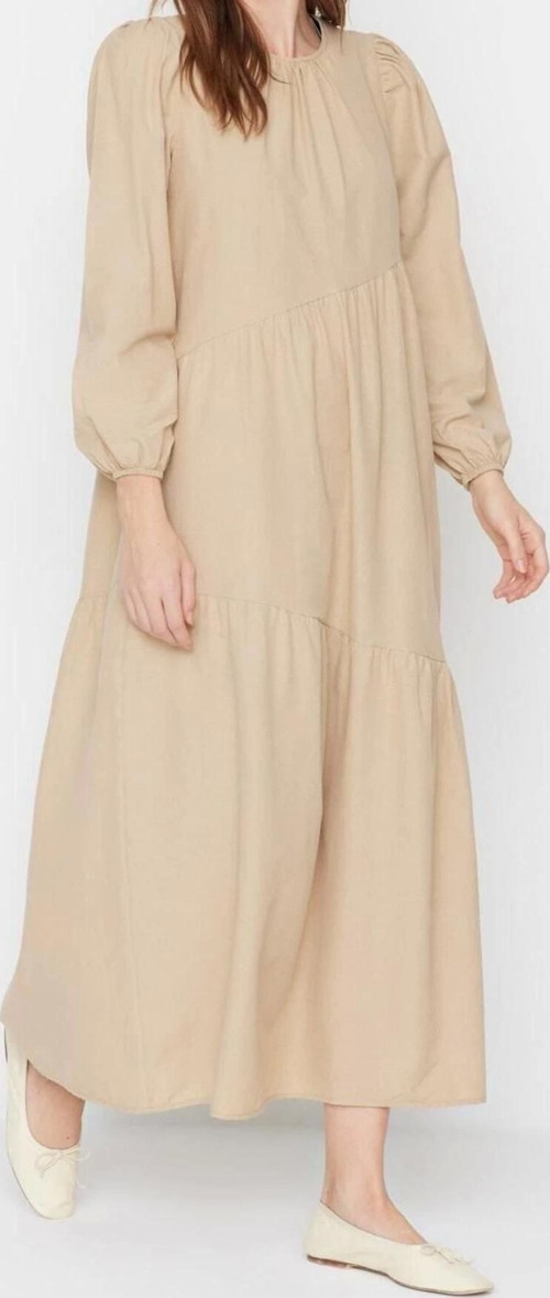 Moda Regular Casual Günlük Terrycotton Dokuma Bisiklet Yaka Uzun Kol A-Line Maxi Boy Tesettür Elbise