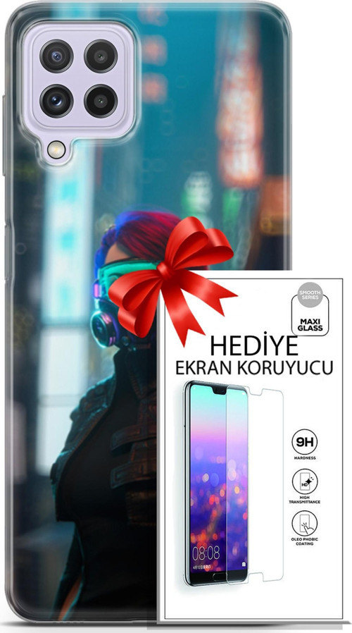 Samsung Galaxy M32 Kılıf Orijinal Seri Cyberpunk 04 Vr Glass Silikon Kılıf + Ekran Koruyucu Full Koruma