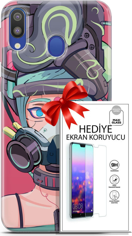 Samsung Galaxy M20 Kılıf Orijinal Seri Cyberpunk 06 Gaz Maskesi Koruyucu Kapak Ekran Koruyucu