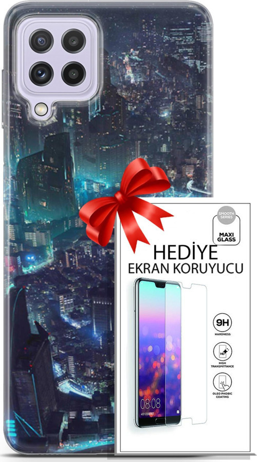 Samsung Galaxy M32 Kılıf Orijinal Seri Cyberpunk 17 Işıklı Şehir Yumuşak Kılıf + Ekran Koruyucu