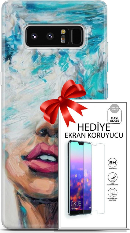Samsung Galaxy Note 8 Kılıf Orijinal Seri Soul 12 Beyaz Mavi Tasarım Kılıf + Ekran Koruyucu