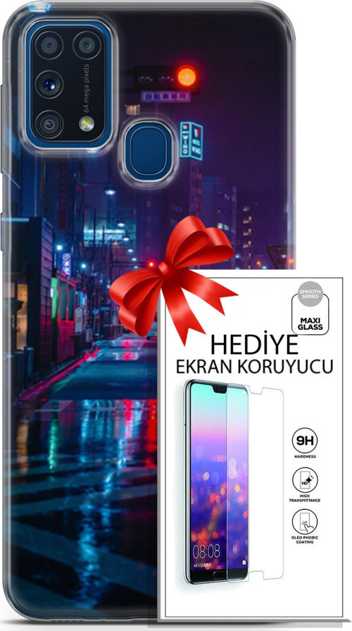 Samsung Galaxy M31 Kılıf Orijinal Seri Cyberpunk 15 Neon Cadde Kalın Silikon + Ekran Koruyucu
