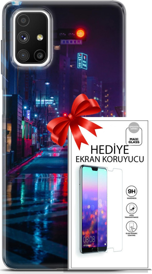 Samsung Galaxy M51 Kılıf Orijinal Seri Cyberpunk 15 Neon Cadde Kalın Silikon + Ekran Koruyucu