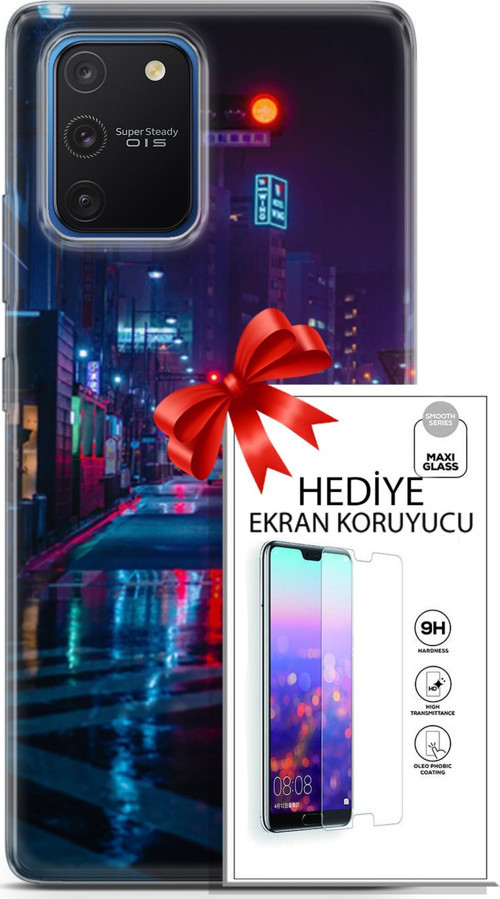 Samsung Galaxy S10 Lite Kılıf Orijinal Seri Cyberpunk 15 Neon Cadde Kalın Silikon + Ekran Koruyucu