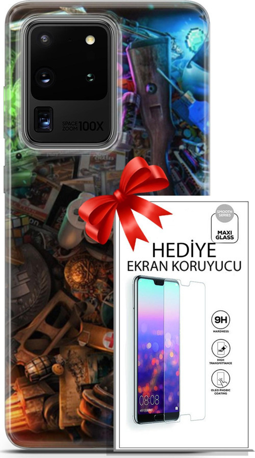 Samsung Galaxy S20 Ultra Kılıf Orijinal Seri Pubg 24 Teçhizatlar Darbe Emici Kılıf + Ekran Koruyucu