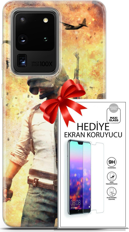 Samsung Galaxy S20 Ultra Kılıf Orijinal Seri Pubg 29 Uçak Paraşüt Leke Tutmaz Kapak + Ekran Koruyucu
