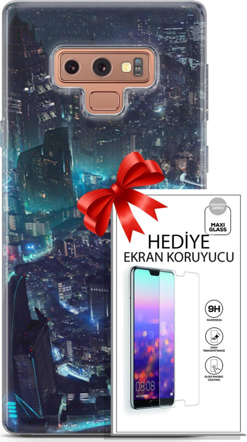 Samsung Galaxy Note 9 Kılıf Orijinal Seri Cyberpunk 17 Işıklı Şehir Yumuşak Kılıf + Ekran Koruyucu