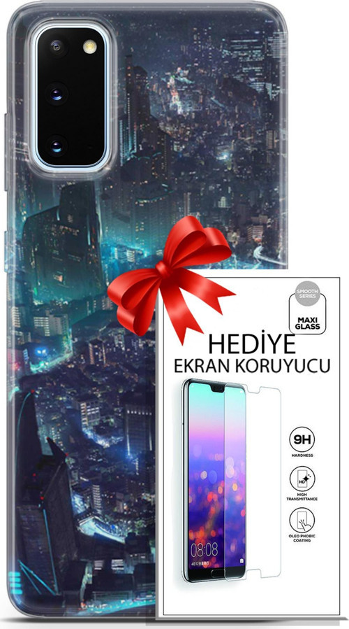 Samsung Galaxy S20 Kılıf Orijinal Seri Cyberpunk 17 Işıklı Şehir Yumuşak Kılıf + Ekran Koruyucu