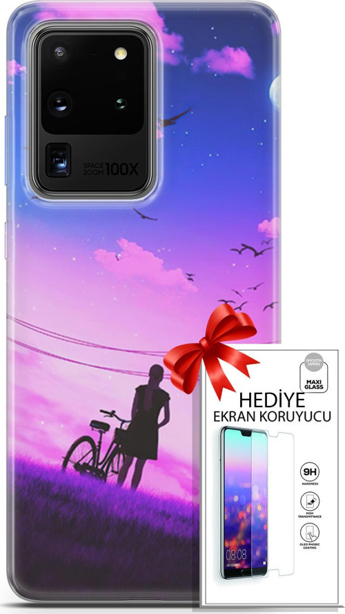 Samsung Galaxy S20 Ultra Kılıf Orijinal Seri Algorand 28 Bisikletli Kız İz Bırakmayan Kılıf + Ön Ekran Koruyucu