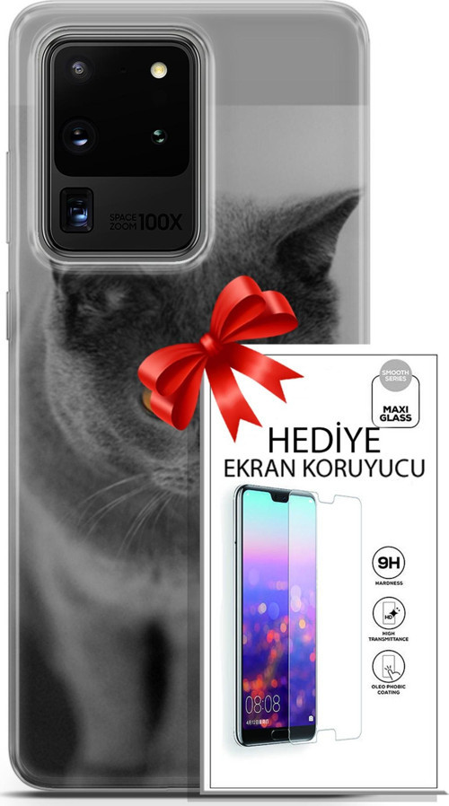 Samsung Galaxy S20 Ultra Kılıf Orijinal Seri Scotish-British 04 Turuncu Göz Silikon Kılıf + Ekran Koruyucu