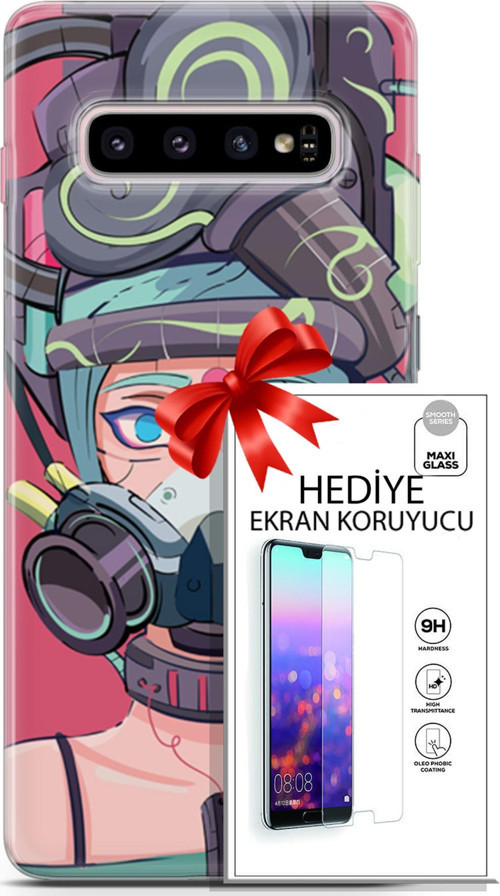 Samsung Galaxy S10 Plus Kılıf Orijinal Seri Cyberpunk 06 Gaz Maskesi Koruyucu Kapak Ekran Koruyucu