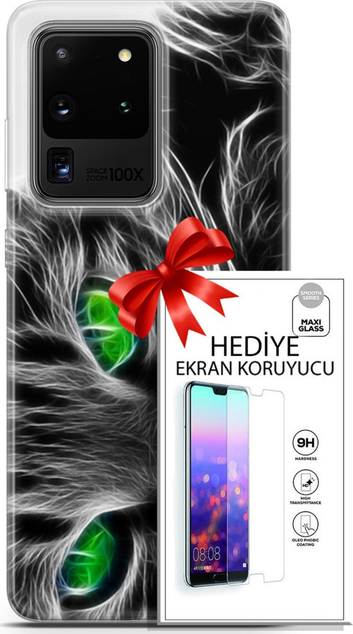 Samsung Galaxy S20 Ultra Kılıf Orijinal Seri Scotish-British 27 Yeşil Gözlü Kedi Lazer Kesim Silikon