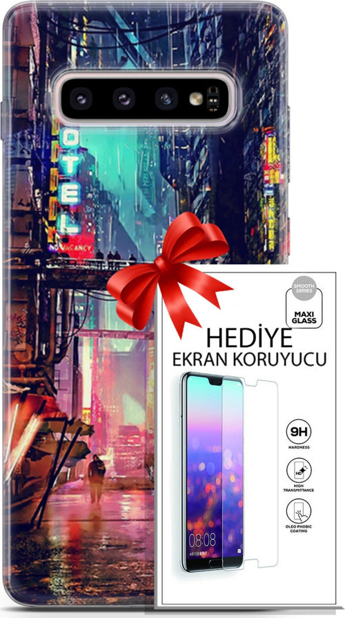 Samsung Galaxy S10 Plus Kılıf Orijinal Seri Cyberpunk 14 Motel Cover Kılıf + Ön Ekran Koruyucu