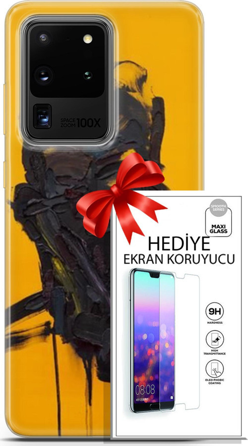 Samsung Galaxy S20 Ultra Kılıf Orijinal Seri Soul 07 Sarı Siyah Desenli Kılıf + Ön Ekran Koruyucu