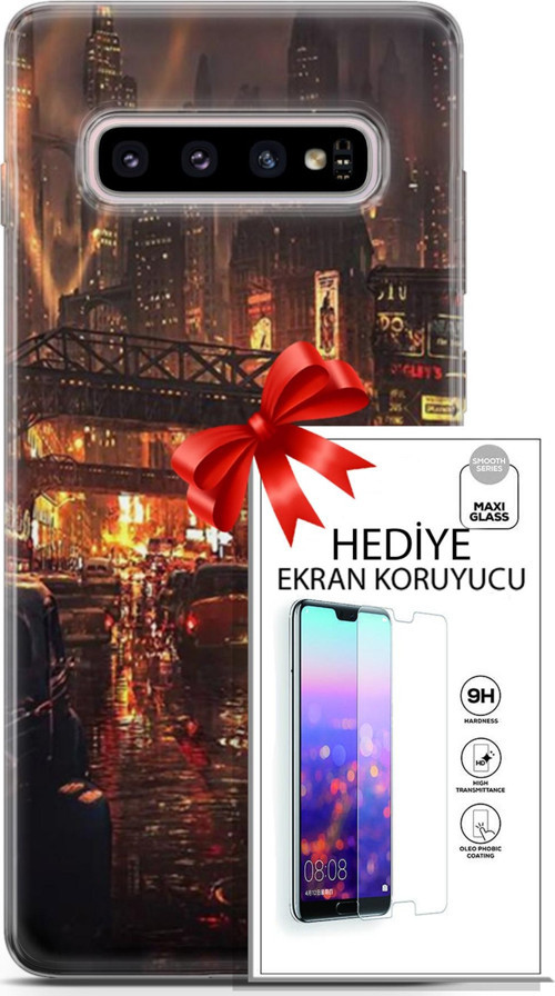 Samsung Galaxy S10 Plus Kılıf Orijinal Seri Cyberpunk 23 Gökdelenler Telefon Kabı Ve Ekran Koruyucu