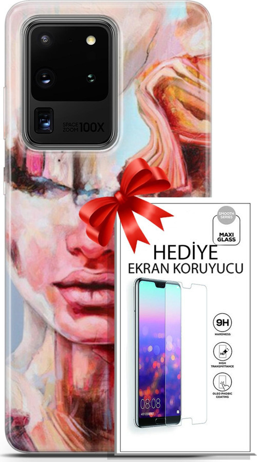 Samsung Galaxy S20 Ultra Kılıf Orijinal Seri Soul 14 Beyaz Kırmızı Cover Kılıf + Ön Ekran Koruyucu