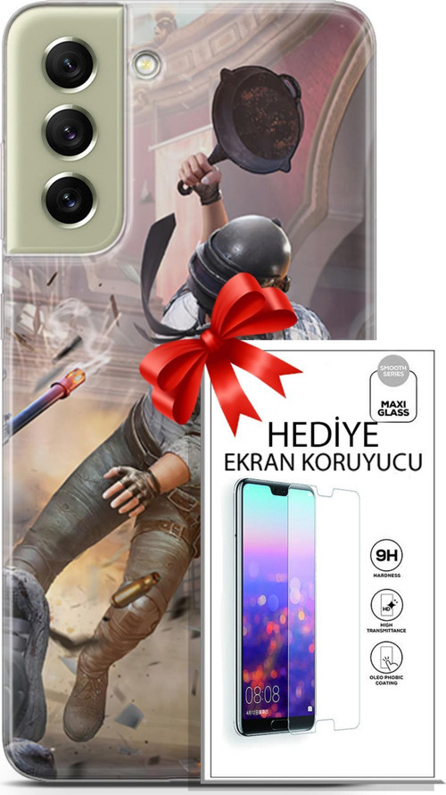 Samsung Galaxy S21 Fe Kılıf Orijinal Seri Pubg 07 Kravatlı Karakter Desenli Kılıf + Ön Ekran Koruyucu