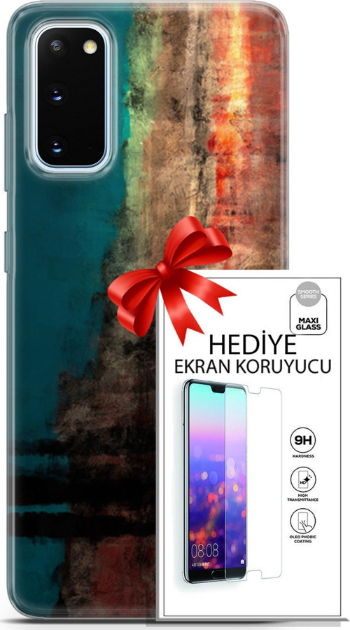 Samsung Galaxy S20 Kılıf Orijinal Seri Nature 03 Yeşil Turuncu Taş Arka Kapak + Ekran Koruyucu