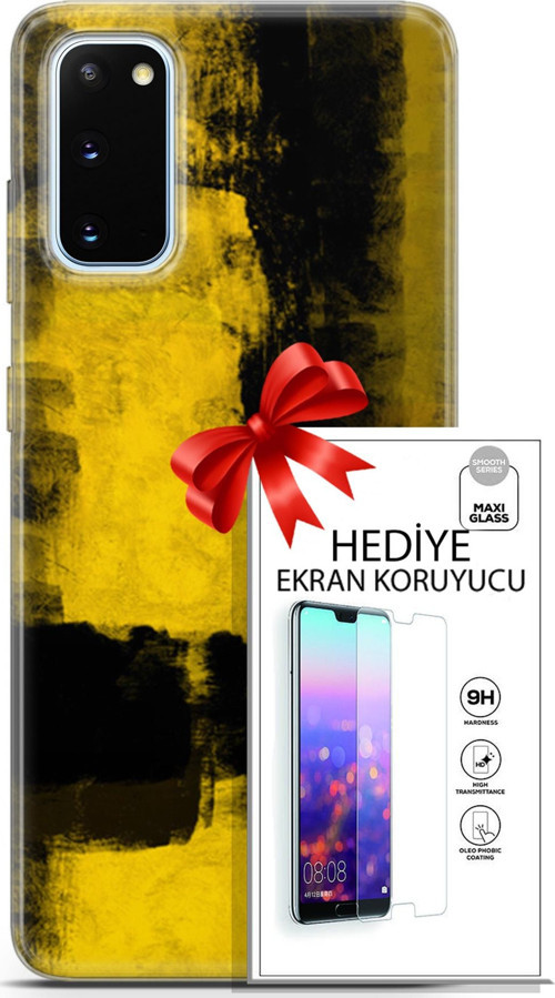 Samsung Galaxy S20 Kılıf Orijinal Seri Nature 08 Sarı Siyah Baskılı Kılıf + Ekran Koruyucu