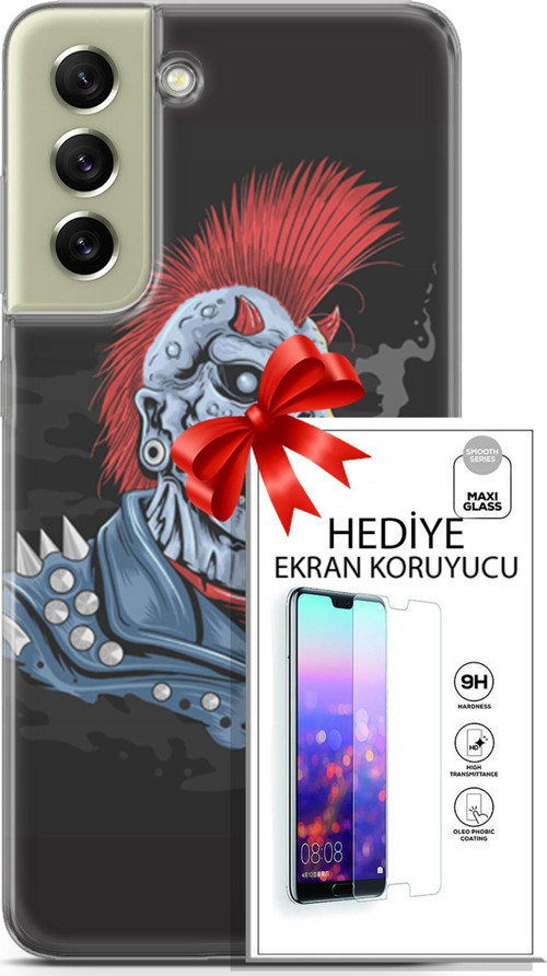 Samsung Galaxy S21 Fe Kılıf Orijinal Seri Punky 04 Punk Skeleton Silikon Kılıf + Ekran Koruyucu Full