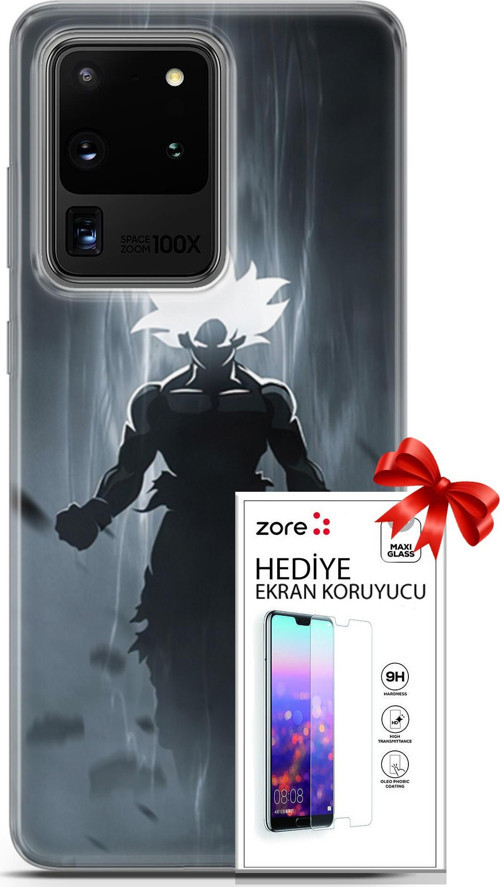 Samsung Galaxy S20 Ultra Kılıf Orijinal Seri Supers 27 Dark Goku Lazer Kesim Silikon Ekran Koruyucu
