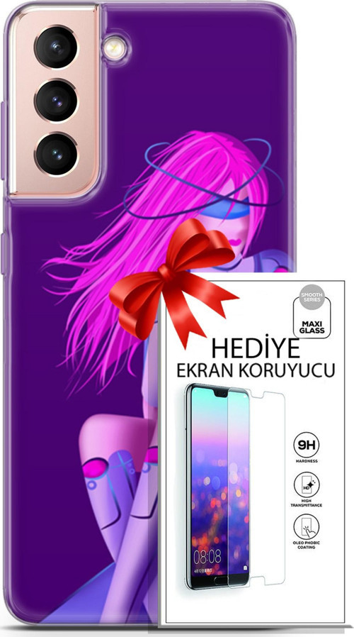 Samsung Galaxy S21 Kılıf Orijinal Seri Cyberpunk 02 Pembe Saçlı Kapak Ve Ekran Koruyucu
