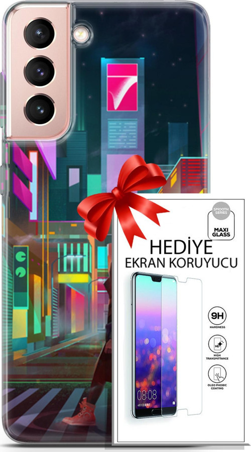 Samsung Galaxy S21 Kılıf Orijinal Seri Cyberpunk 05 Neon City Koruma Kılıfı + Ekran Koruyucu