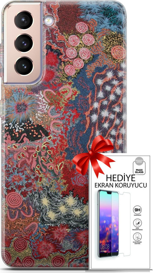 Samsung Galaxy S21 Plus Kılıf Orijinal Seri Cardano 07 Suluboya Desenli Kılıf + Ön Ekran Koruyucu