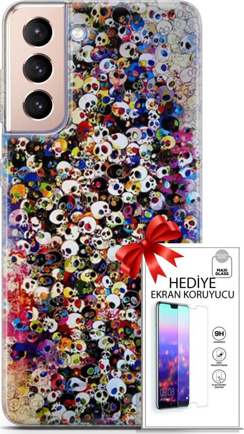 Samsung Galaxy S21 Plus Kılıf Orijinal Seri Cardano 08 Kurukafalar Baskılı Kılıf + Ekran Koruyucu