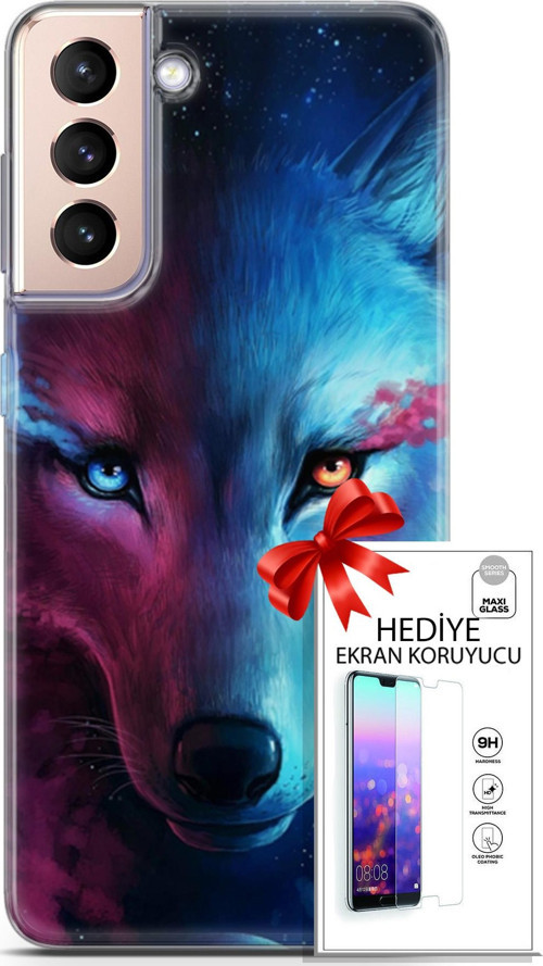 Samsung Galaxy S21 Plus Kılıf Orijinal Seri Cardano 18 Mavi Turuncu Göz Parlak Kılıf + Ekran Koruyucu