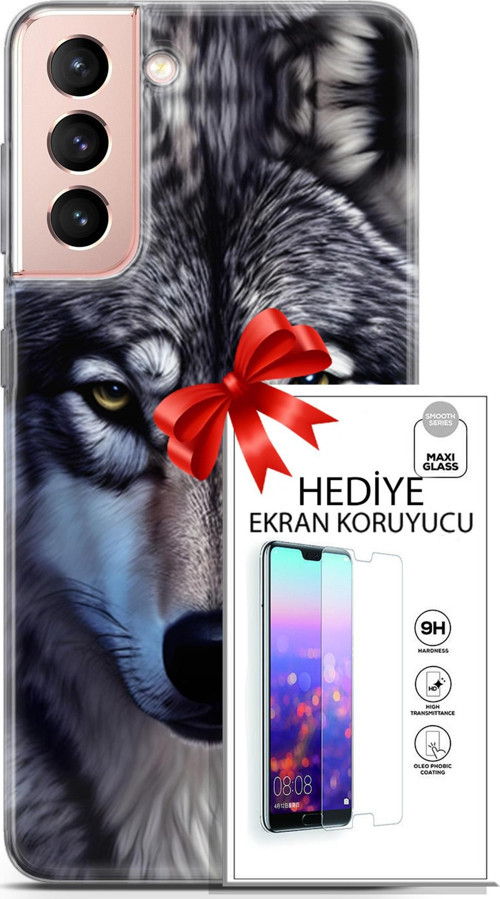 Samsung Galaxy S21 Kılıf Orijinal Seri Dogs 07 Kurt Yüz Desenli Kılıf + Ön Ekran Koruyucu