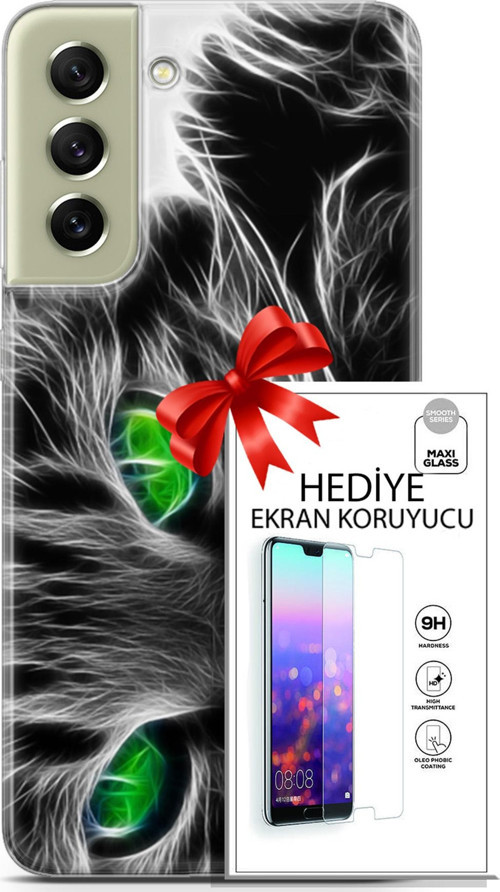 Samsung Galaxy S21 Fe Kılıf Orijinal Seri Scotish-British 27 Yeşil Gözlü Kedi Lazer Kesim Silikon Ekran Koruyucu