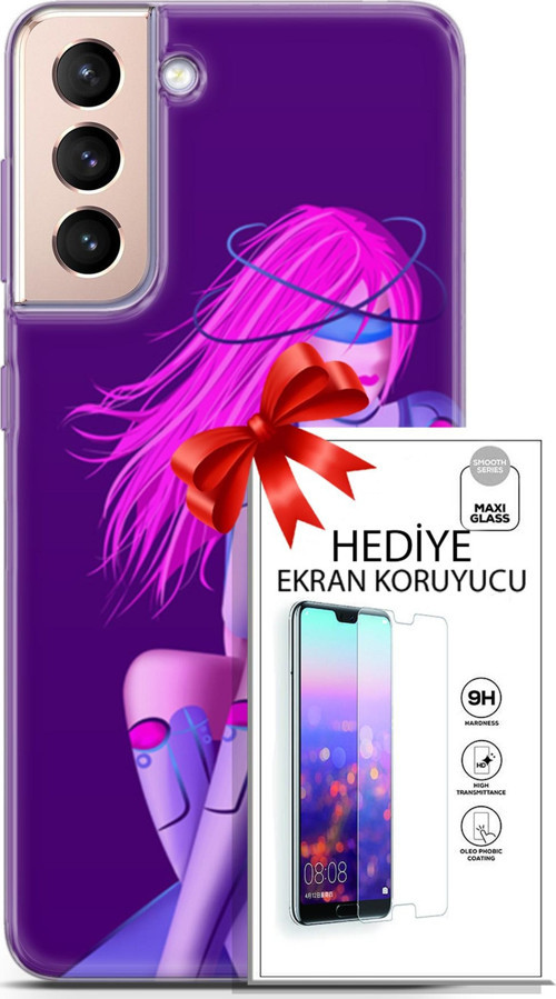 Samsung Galaxy S21 Plus Kılıf Orijinal Seri Cyberpunk 02 Pembe Saçlı Kapak Ve Ekran Koruyucu
