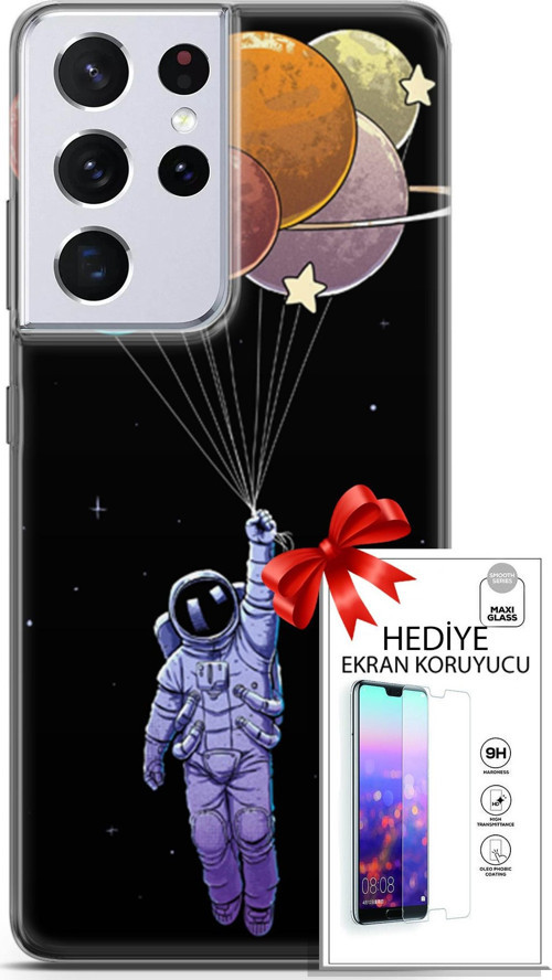 Samsung Galaxy S21 Ultra Kılıf Orijinal Seri Algorand 07 Uçan Balon Astronot Desenli Kılıf + Ön Ekran Koruyucu