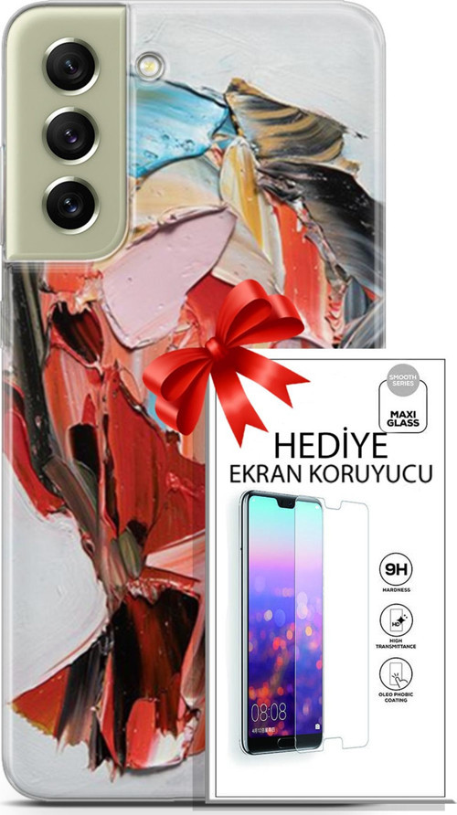 Samsung Galaxy S21 Fe Kılıf Orijinal Seri Soul 09 Pembe Kırmızı Mavi Uv Kılıf Ve Ekran Koruyucu