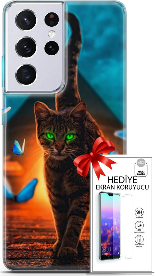 Samsung Galaxy S21 Ultra Kılıf Orijinal Seri Algorand 09 Yeşil Neon Kedi Uv Kılıf Ve Ekran Koruyucu