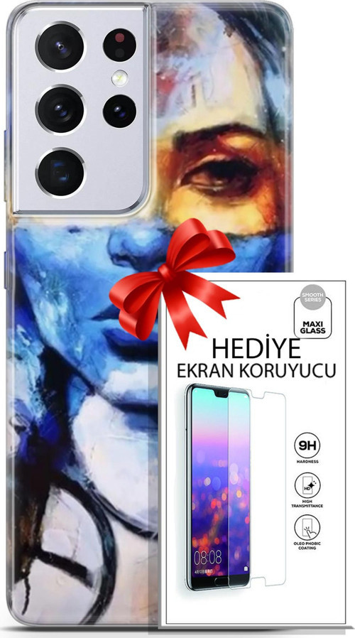 Samsung Galaxy S21 Ultra Kılıf Orijinal Seri Soul 13 Mavi Sarı Case Kapak Ekran Koruyucu