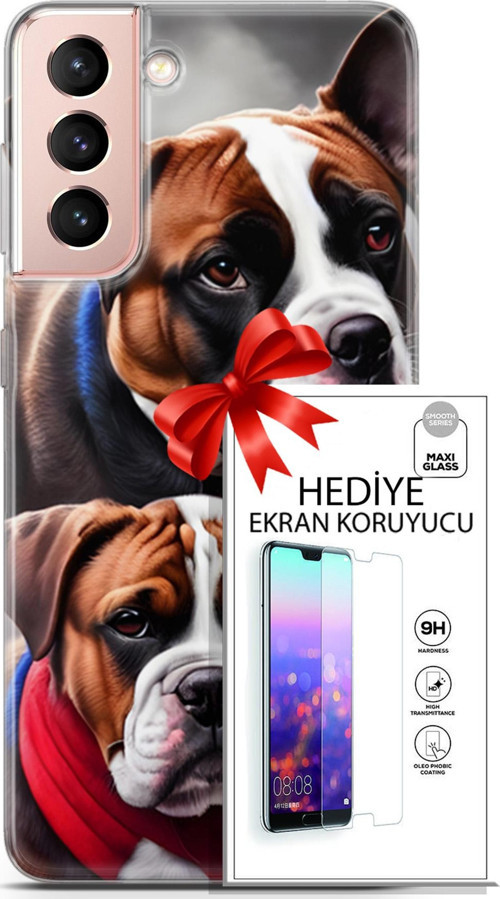 Samsung Galaxy S21 Kılıf Orijinal Seri Dogs 25 Alman Boksör Soyulmayan Kılıf + Ekran Koruyucu Full Koruma