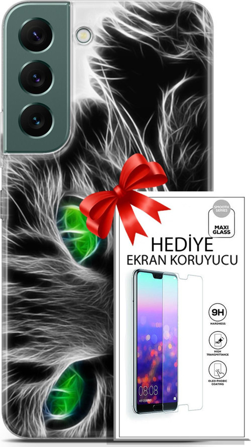 Samsung Galaxy S22 Kılıf Orijinal Seri Scotish-British 27 Yeşil Gözlü Kedi Lazer Kesim Silikon Ekran Koruyucu