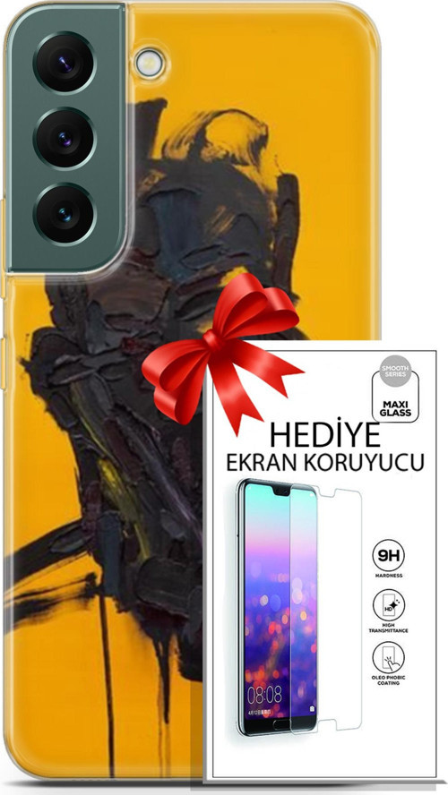 Samsung Galaxy S22 Kılıf Orijinal Seri Soul 07 Sarı Siyah Desenli Kılıf + Ön Ekran Koruyucu