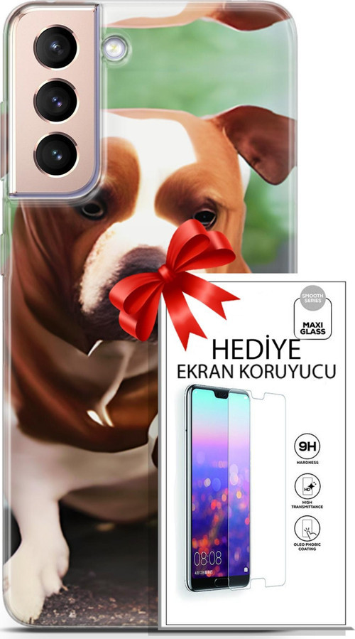 Samsung Galaxy S21 Plus Kılıf Orijinal Seri Dogs 29 American Staffordshire Leke Tutmaz Kapak + Ekran Koruyucu
