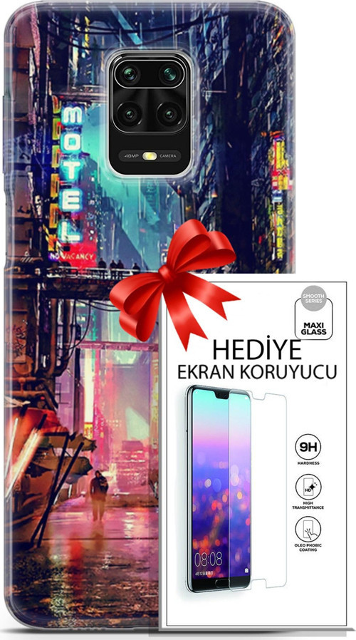 Xiaomi Redmi Note 9 Pro Kılıf Orijinal Seri Cyberpunk 14 Motel Cover Kılıf + Ön Ekran Koruyucu