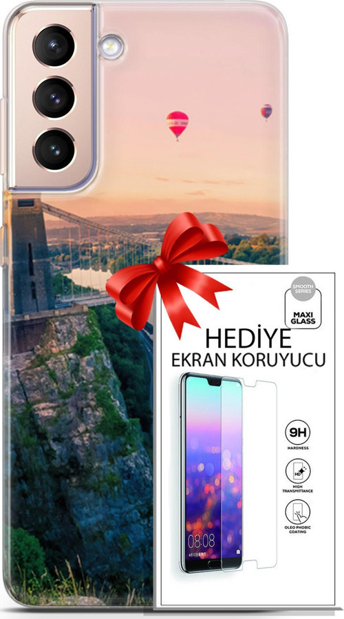 Samsung Galaxy S21 Plus Kılıf Orijinal Seri Fantasy 07 Köprü Balonlar Desenli Kılıf + Ön Ekran Koruyucu