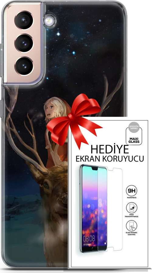 Samsung Galaxy S21 Plus Kılıf Orijinal Seri Fantasy 18 Geyik Kız Parlak Kılıf + Ekran Koruyucu Full