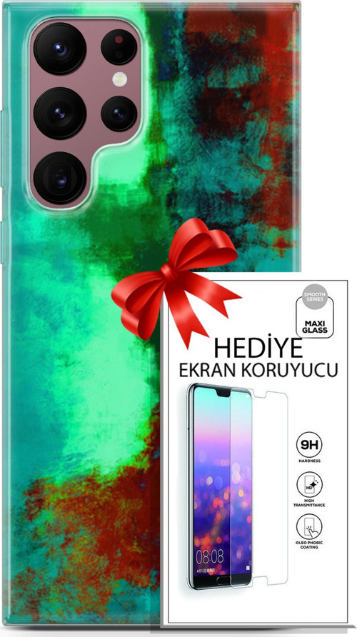 Samsung Galaxy S22 Ultra Kılıf Orijinal Seri Nature 20 Yeşil Kahve Renkli Kılıf Ekran Koruyucu