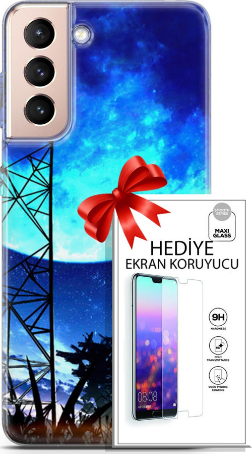 Samsung Galaxy S21 Plus Kılıf Orijinal Seri Fantasy 24 Mavi Ay Darbe Emici Kılıf + Ekran Koruyucu
