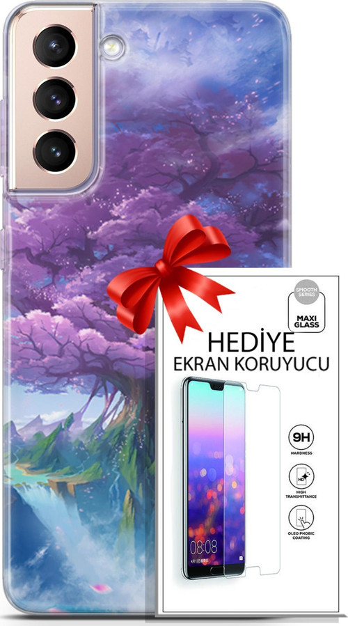 Samsung Galaxy S21 Plus Kılıf Orijinal Seri Fantasy 27 Bahar Ağaç Lazer Kesim Silikon Ekran Koruyucu