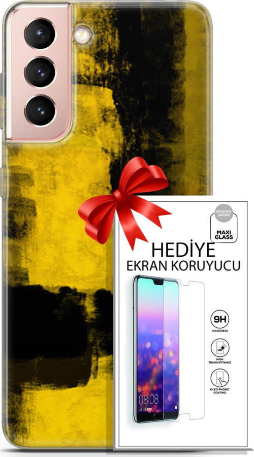 Samsung Galaxy S21 Kılıf Orijinal Seri Nature 08 Sarı Siyah Baskılı Kılıf + Ekran Koruyucu