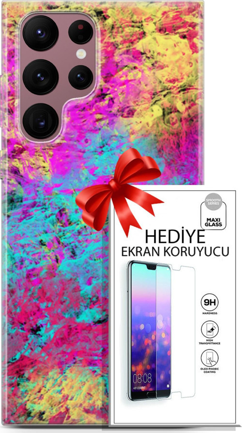 Samsung Galaxy S22 Ultra Kılıf Orijinal Seri Nature 29 Çok Renkli Leke Tutmaz Kapak + Ekran Koruyucu