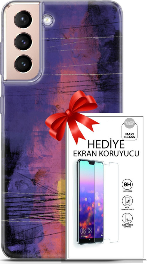 Samsung Galaxy S21 Plus Kılıf Orijinal Seri Nature 04 Mor Kırmızı Silikon Kılıf + Ekran Koruyucu Ful
